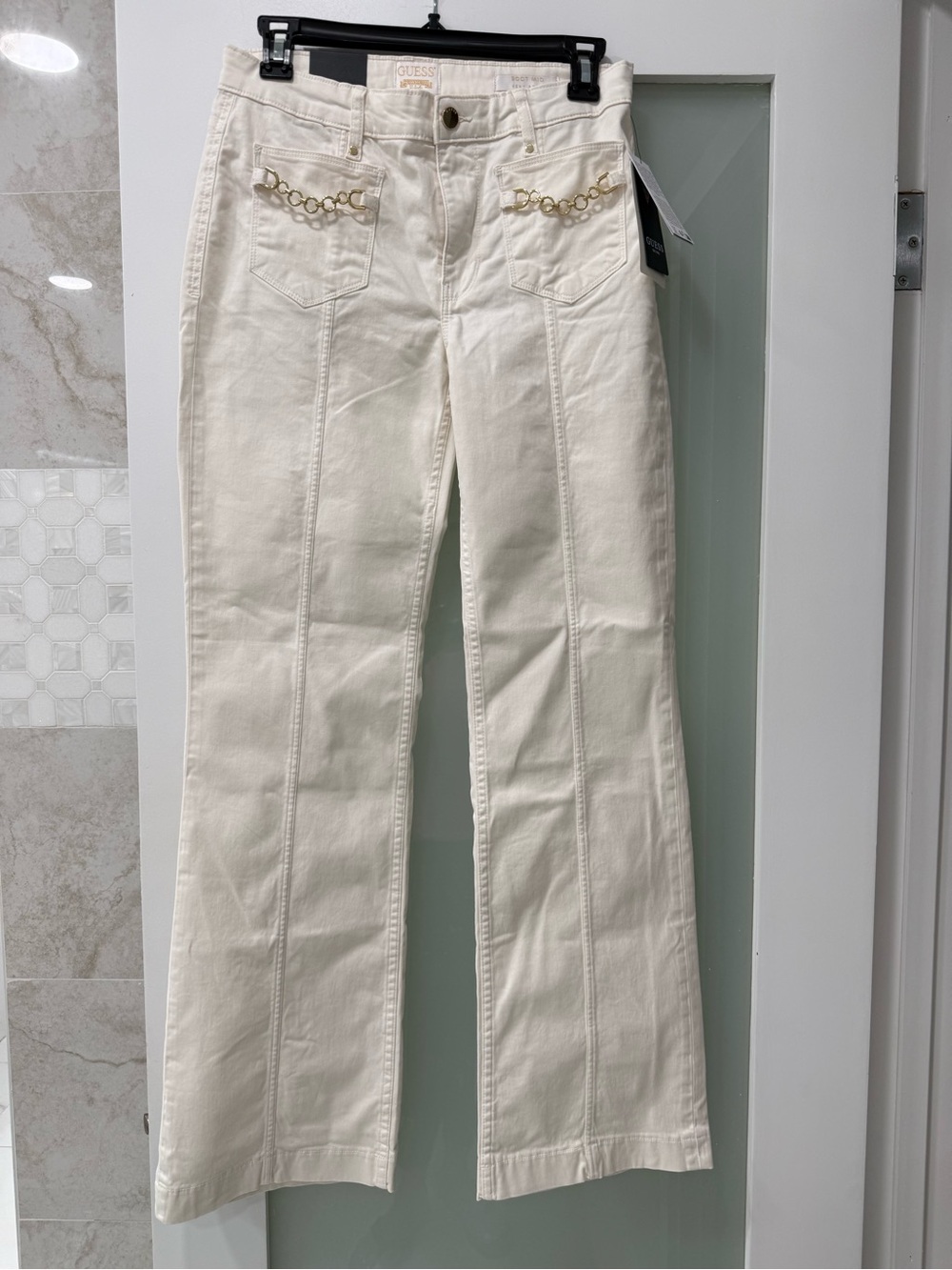 GUESS Cream Wide-Leg Jeans with Gold Chain Pocket Detail